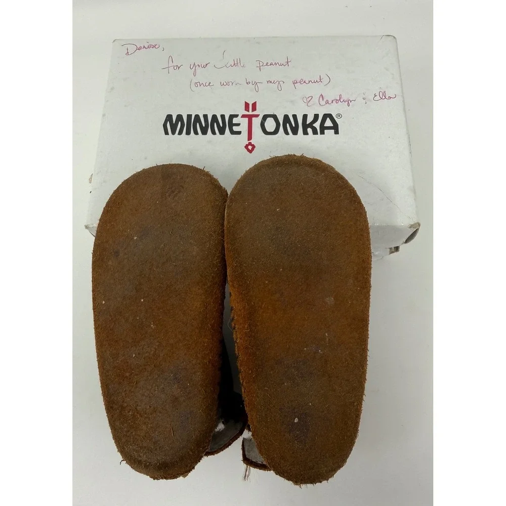 Minnetonka Infant's Brown Suede Leather Fringe‎ Back Strap Booties Size 3